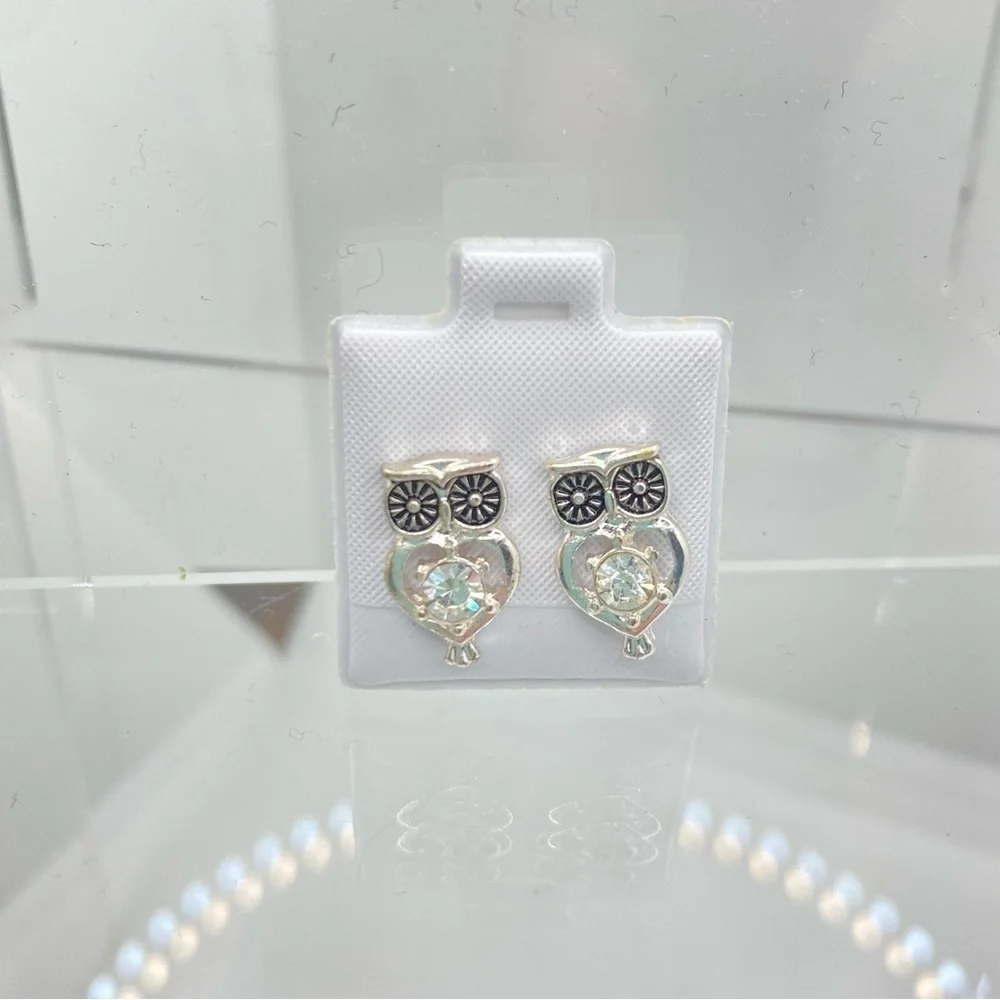 Butterfly/ Elephant/ Owl Silver-Tone & Rhinestone Stud Pierced Earrings Set of 3